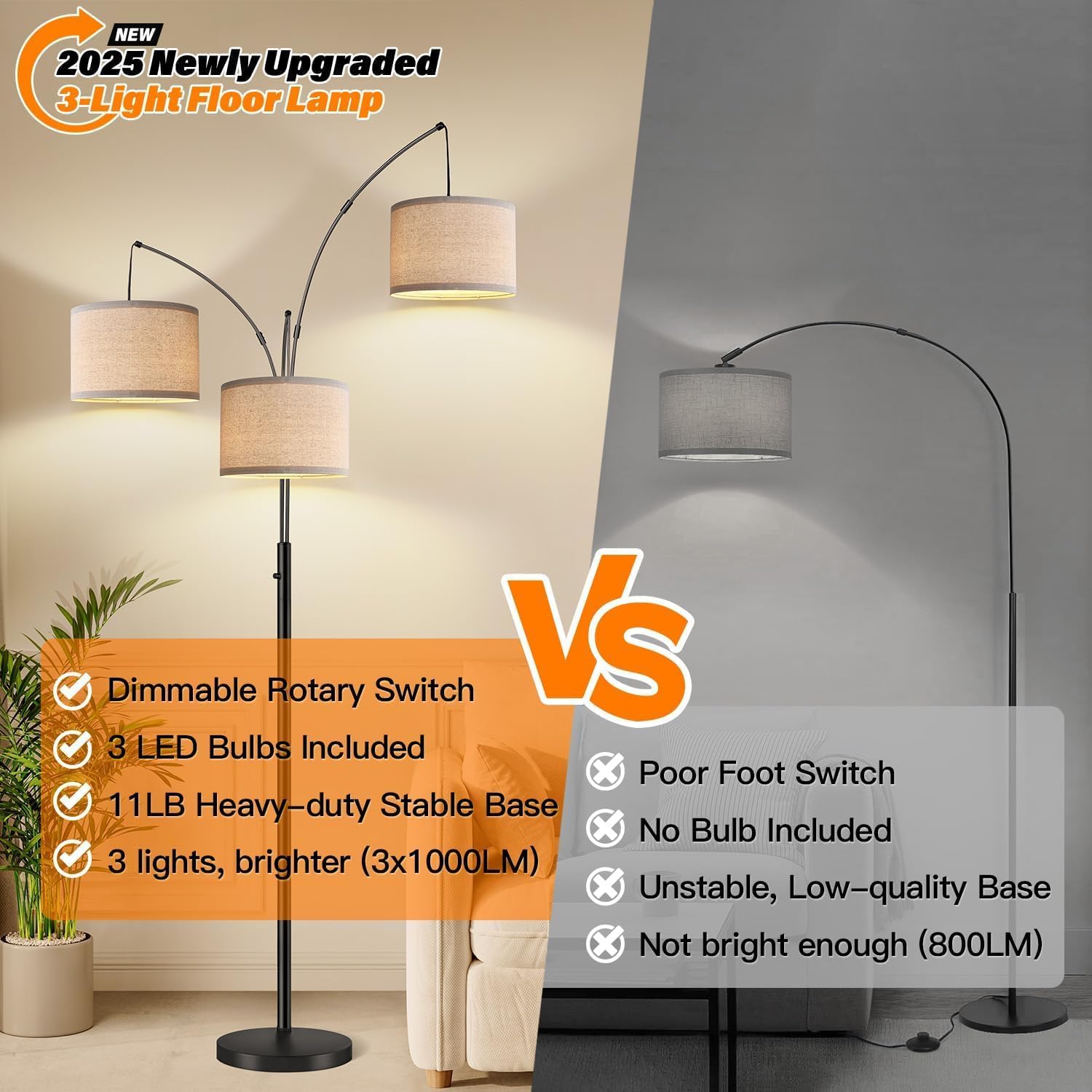 Dimmable 3 Lights Floor Lamp - 3000LM Super Bright Arc Floor Lamps for Living Room, Modern Tall Standing Lamp With Beige Shades, Mid Century Tree Floor Lamp for Bedroom Office, 3 LED Bulbs Included thumbnail