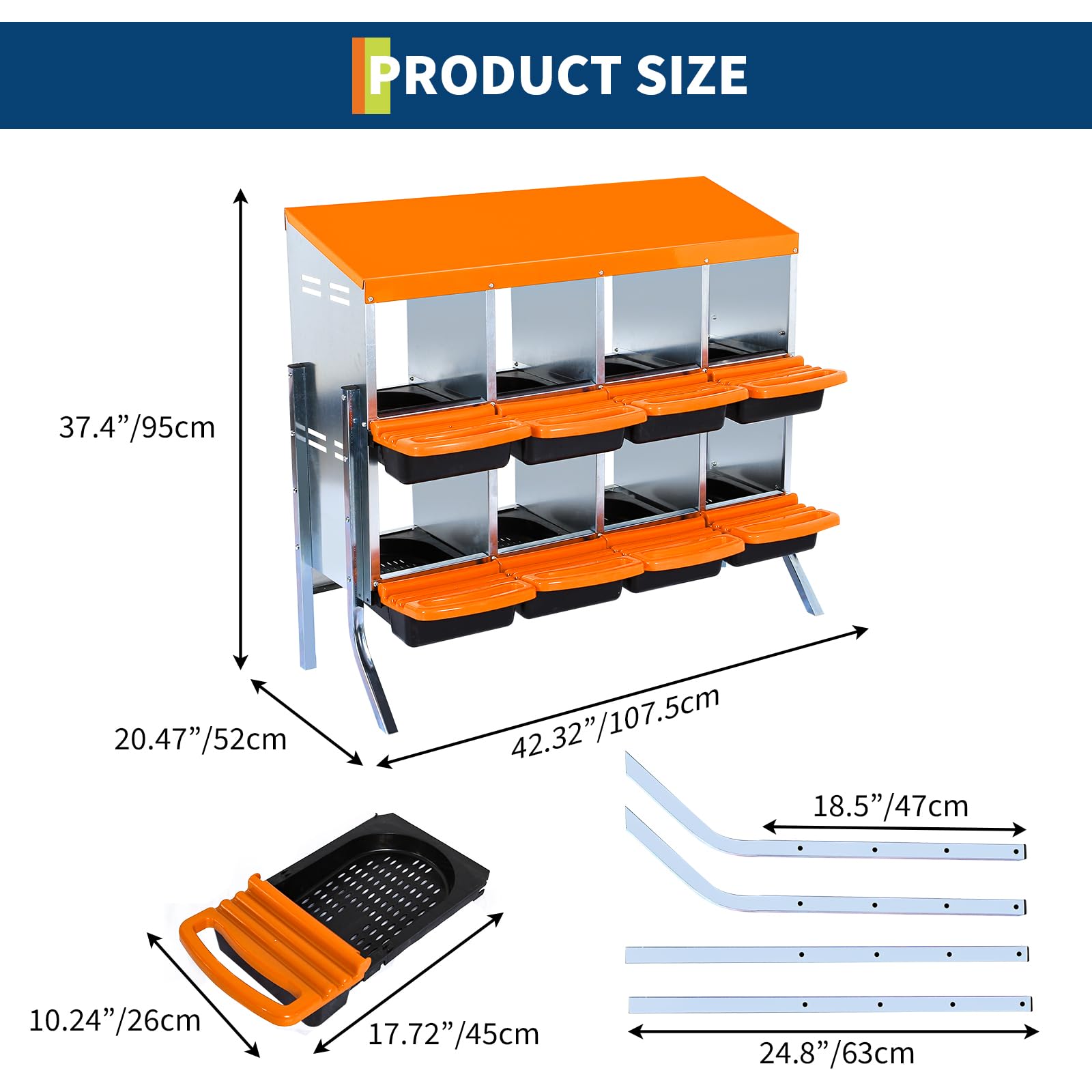 Caja de Anidación Resistente para Gallinas, 6/8 Compartimentos de Acero Galvanizado Antióxido, Tapa Extraíble, Fondo Inclinado (Naranja, 8 Compartimentos - Estructura De Soporte)