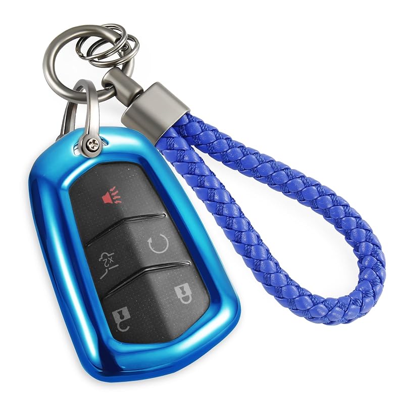 Capa para chave presencial Cadillac Coverforkey em TPU com cordão trançado azul, 5 botões