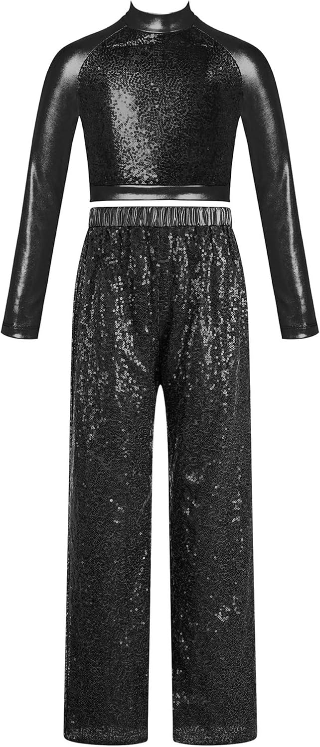 Agoky Kids Girls Sequins Long Sleeve Crop Top Pants Set for Hip-hop Street Ballet Performance Dance Costume