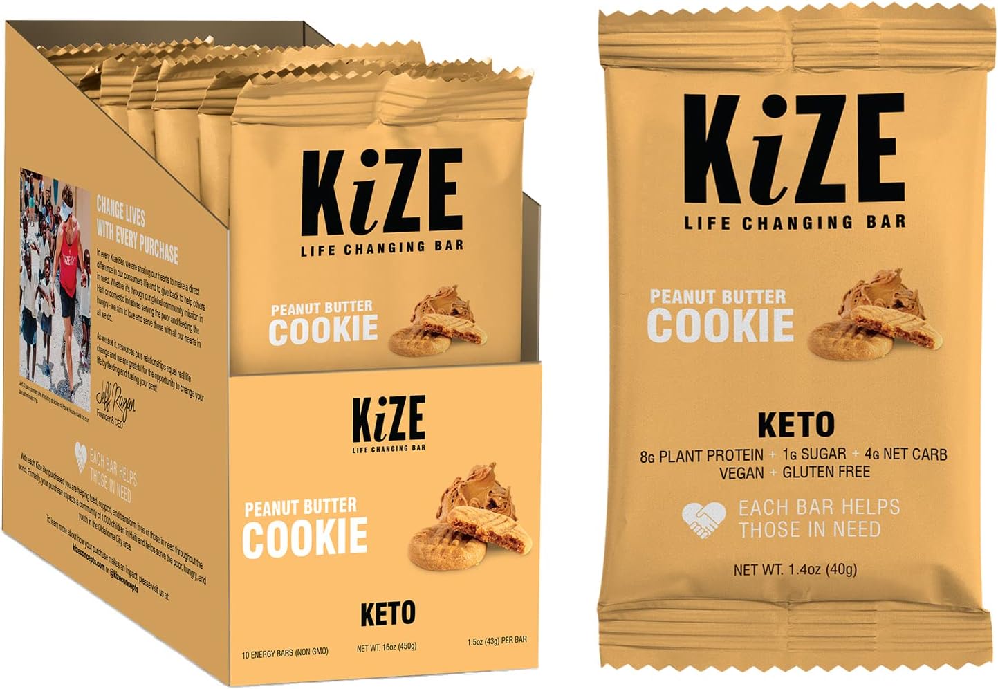 Kize Keto Peanut Butter Cookie Real Ingredients, Real People, Every Bar Helps Those In Need Dairy Free, Non Gmo, Gluten Free, No Added Sugar, Simple Ingredients, 1.5 Ounce