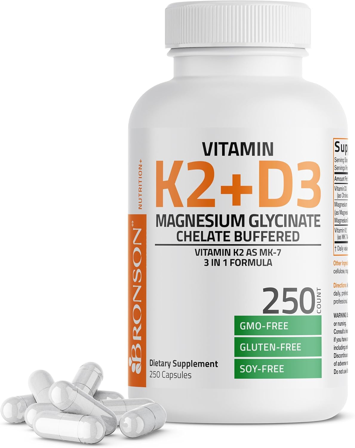 Bronson Vitamin K2 + D3 Magnesium Glycinate, Vitamin K2 as MK-7, 3 in 1 Formula, 250 Capsules