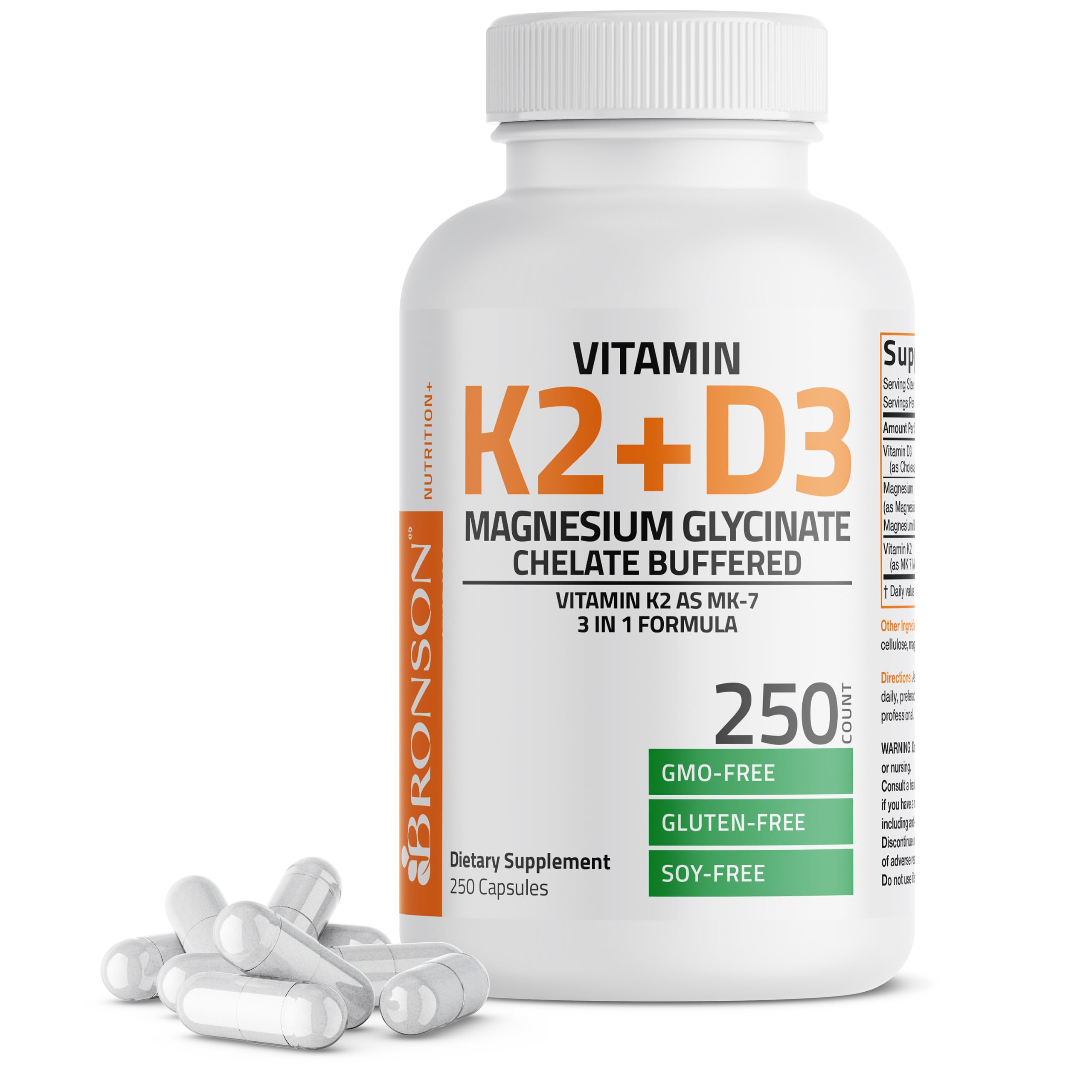 Bronson Vitamin K2 + D3 Magnesium Glycinate, Vitamin K2 as MK-7, 3 in 1 Formula, 250 Capsules 250 Count (Pack of 1)