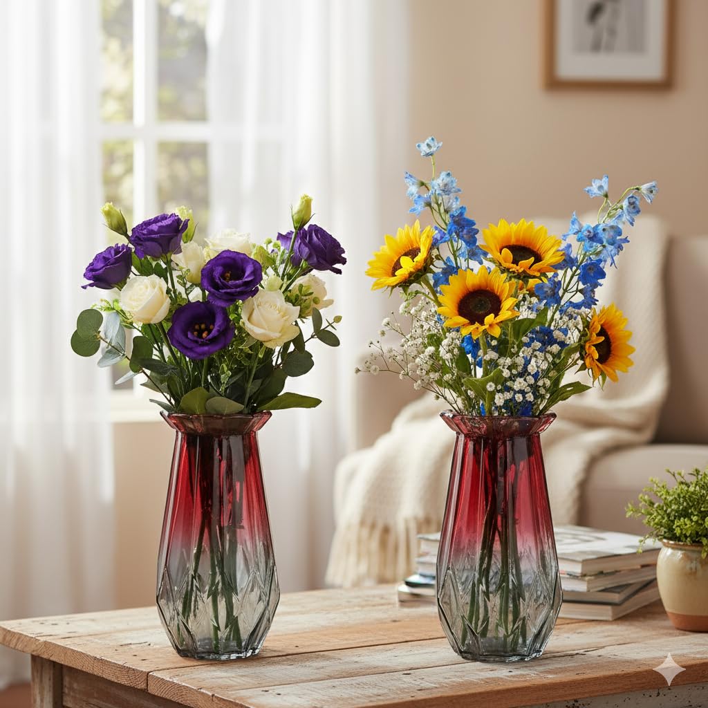 The Better Home Glass Vase for Home Decor (2Pcs- 20cm) |Center Table Decorative Items| Flower Vases for Home Decor| Dining Table Decorative Items| Transparent Flower Vase for Living Room,| Red-Grey-image-31
