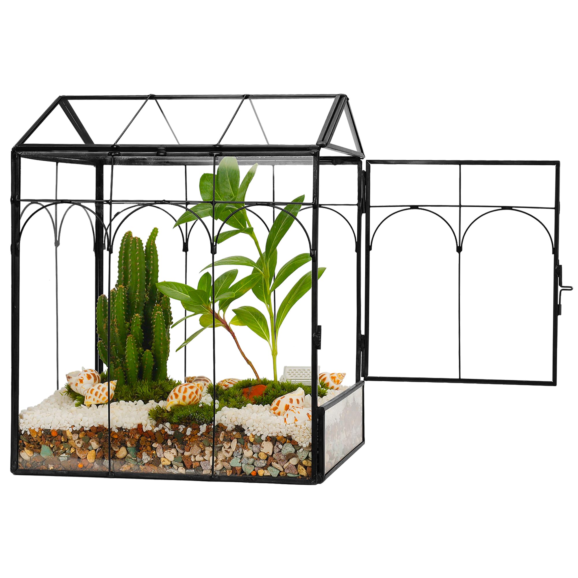 Glass Plant Terrarium Handmade, Tabletop Greenhouse Plant Container Mini Greenhouse Indoor, Display Box Mordern Decor DIY Gift for Succulent Cacti Air Plants Flowers, Large Church Shape,Black