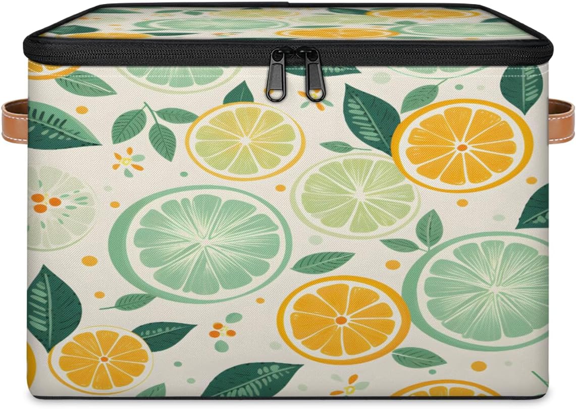 Storage Bin Set of 2 Lemon Lime Storage Basket with Zipper Lid & Handle Foldable Closet Shelf 2 Pack Cloth Organizer Basket Cube Bins Clothes Organizer for Bedroom, Nursery