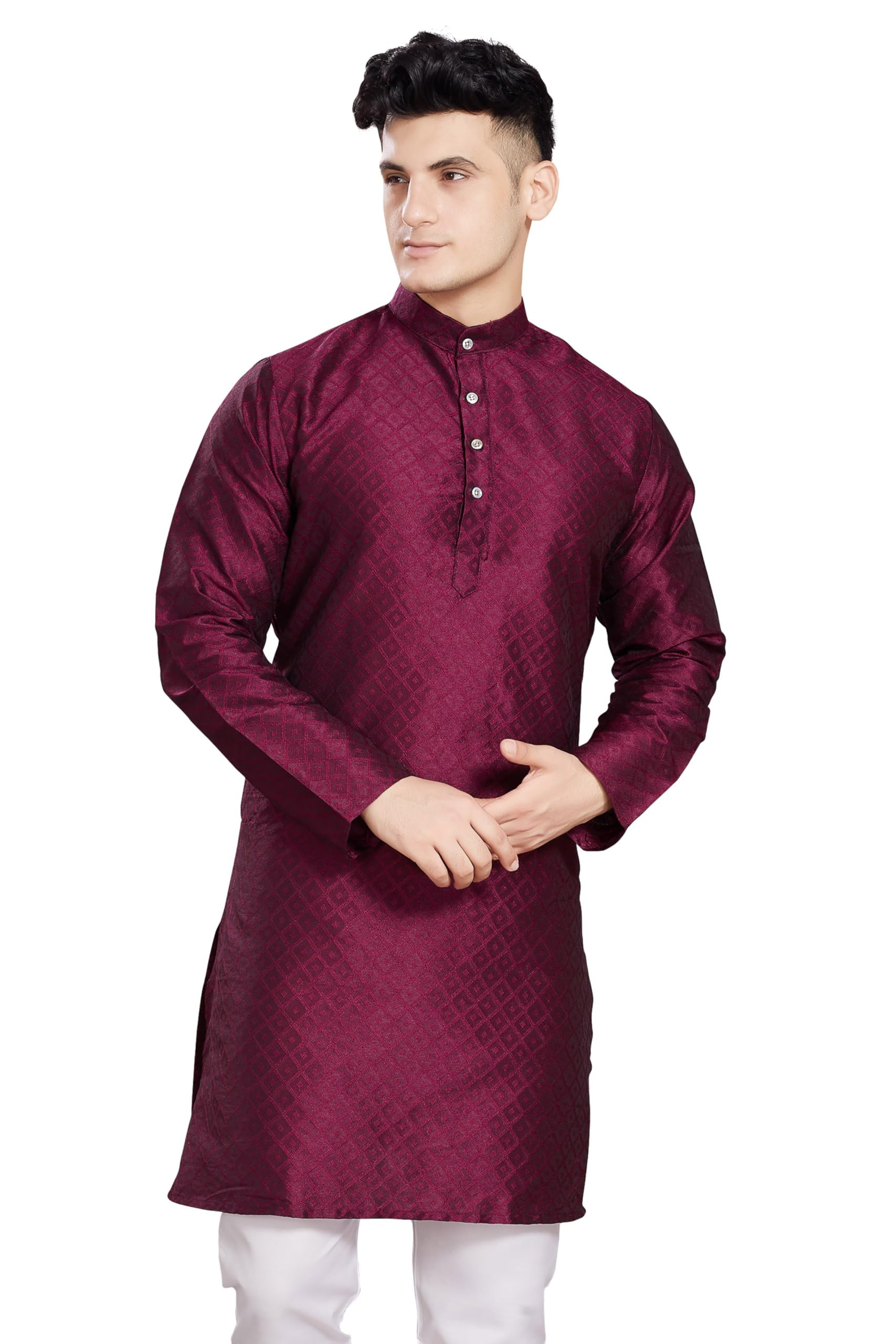 Divisive Men's Self Woven Jequard Art Silk Slim Fit Only Kurta (Dkrt410_M_Wine)