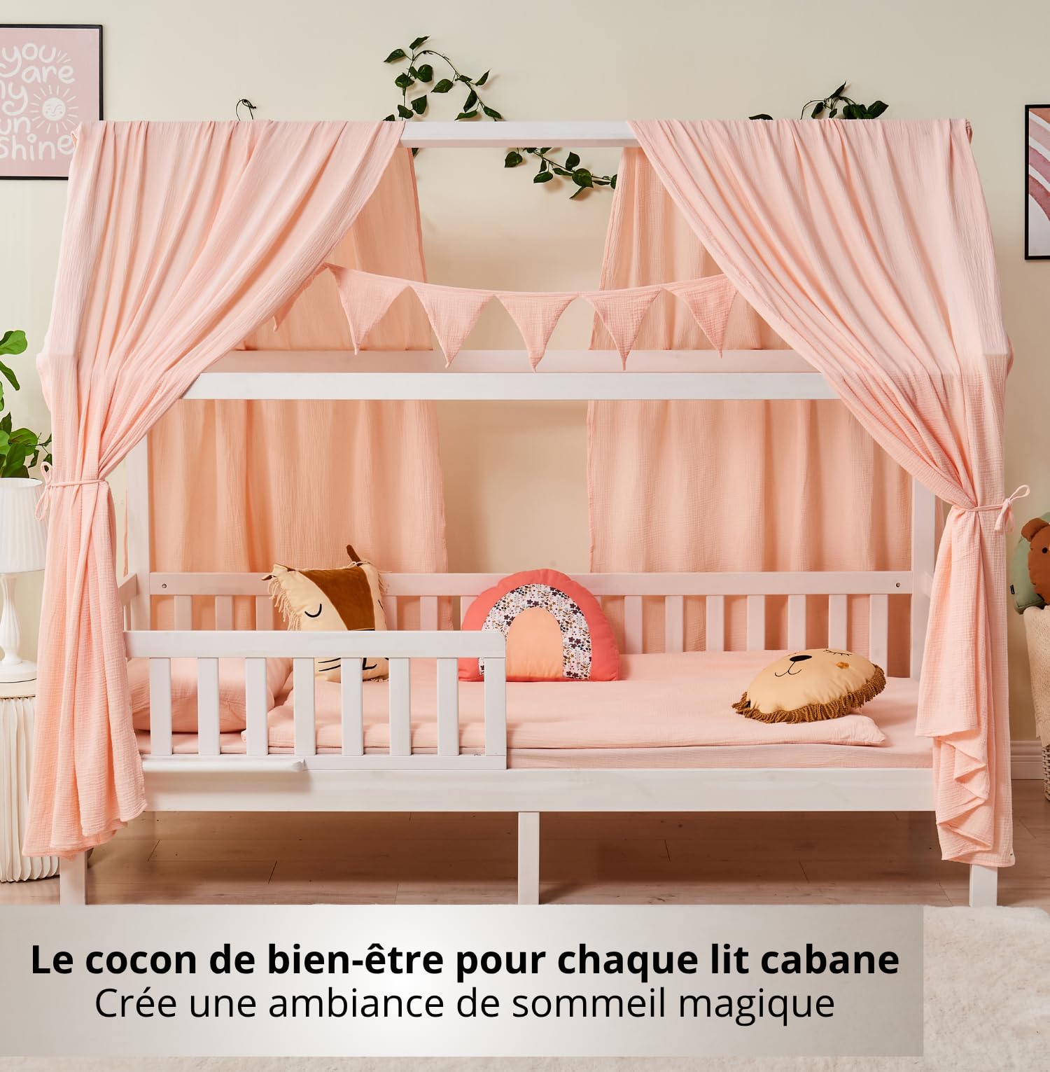 ALAVYA HOME® Ensemble de décoration pour lit Maison en 3 pièces avec 2 ciels de lit | 1 Guirlande de fanions de 300 cm de Long pour lit d'enfant | 100% Coton Muslin Biologique | Rose Clair