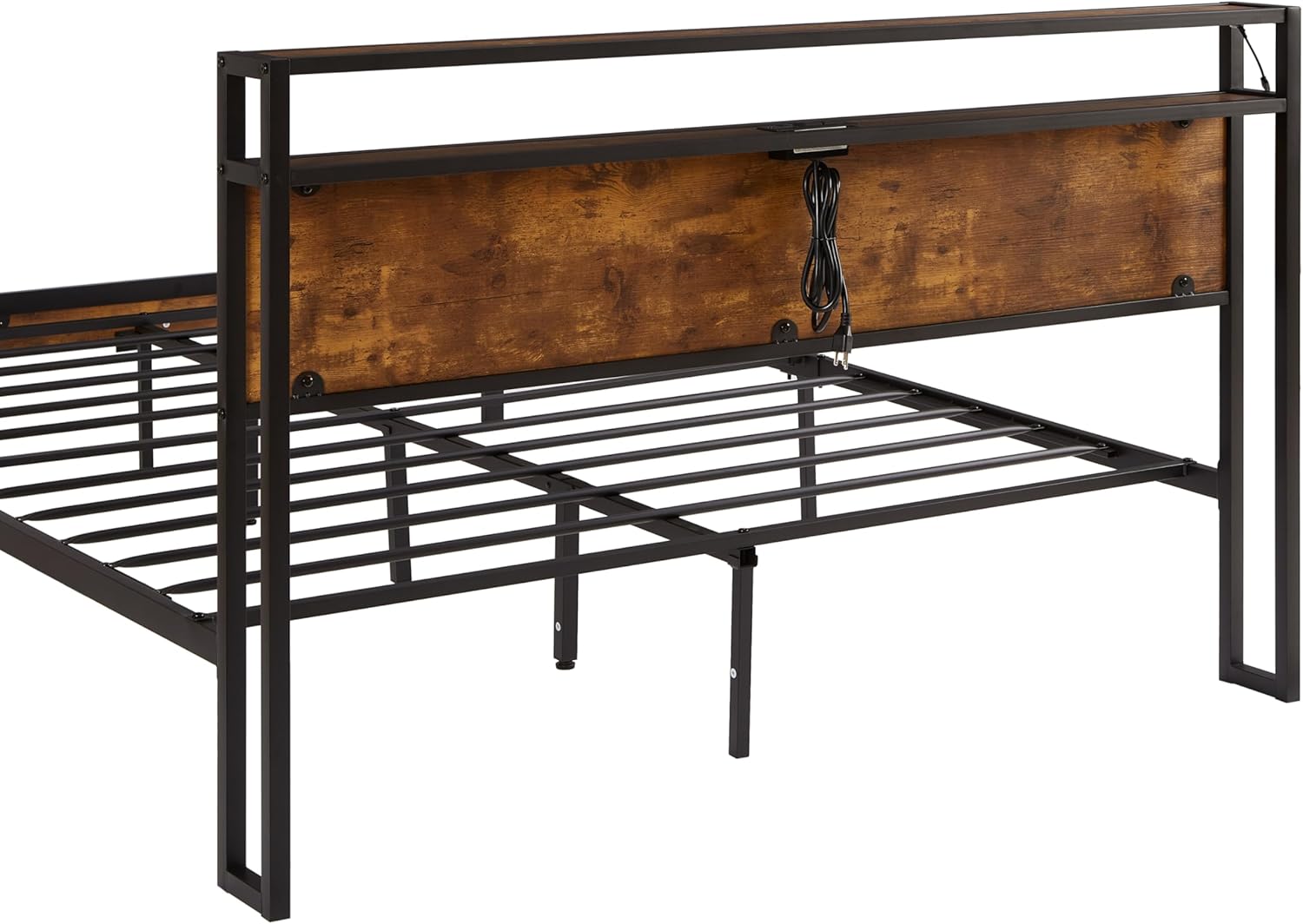 Close-up of the SOFTSEA bed headboard showing the LED light strip and charging station