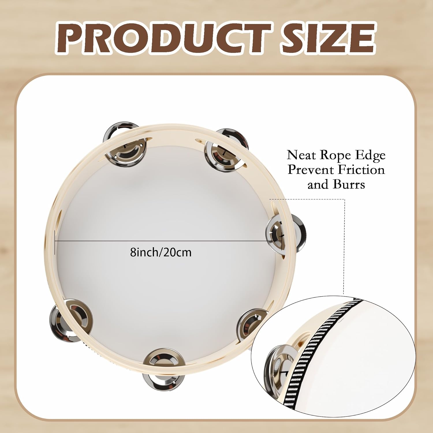 6 Pcs Adult Wedding Tambourines Drum 8 Inch Wooden Handheld Drums with Metal Jingles Drums Musical Instruments Percussion for Church Wedding Party Favor