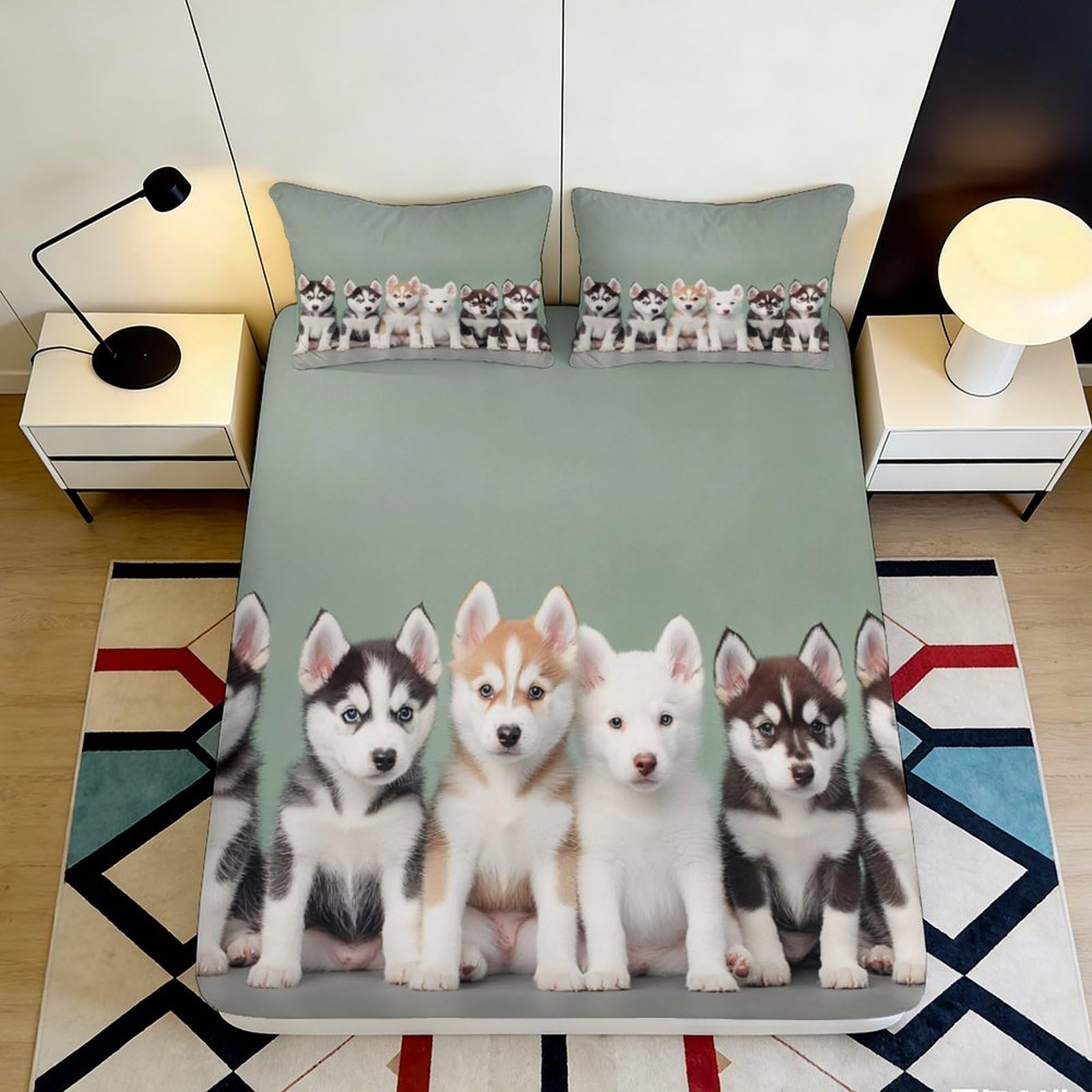 3D Printed Cute Husky Puppies Fitted Sheet Microfiber Soft Durable 3D Printed Dog Pattern Mattress Cover for Bedroom Dormitory Guest Room Protection 90x200x25cm
