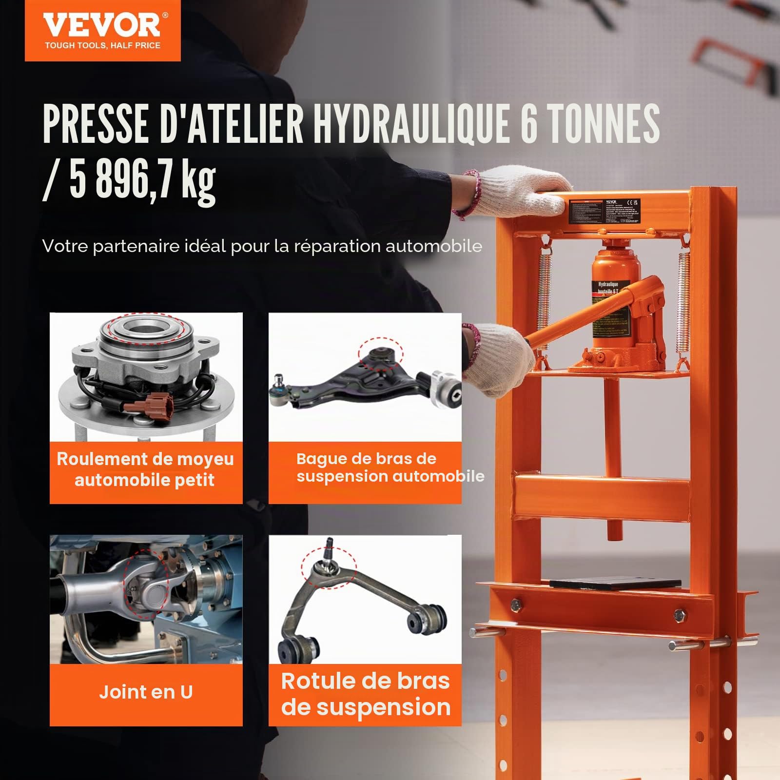 VEVOR Presse Hydraulique d'Atelier 6 T Presse Automobile d’Établi Course 110 mm Hauteur 55-250 mm avec Vérin Cadre en H Robuste pour Montage Démontage des Silentblocs Roulements Pliage Redressage