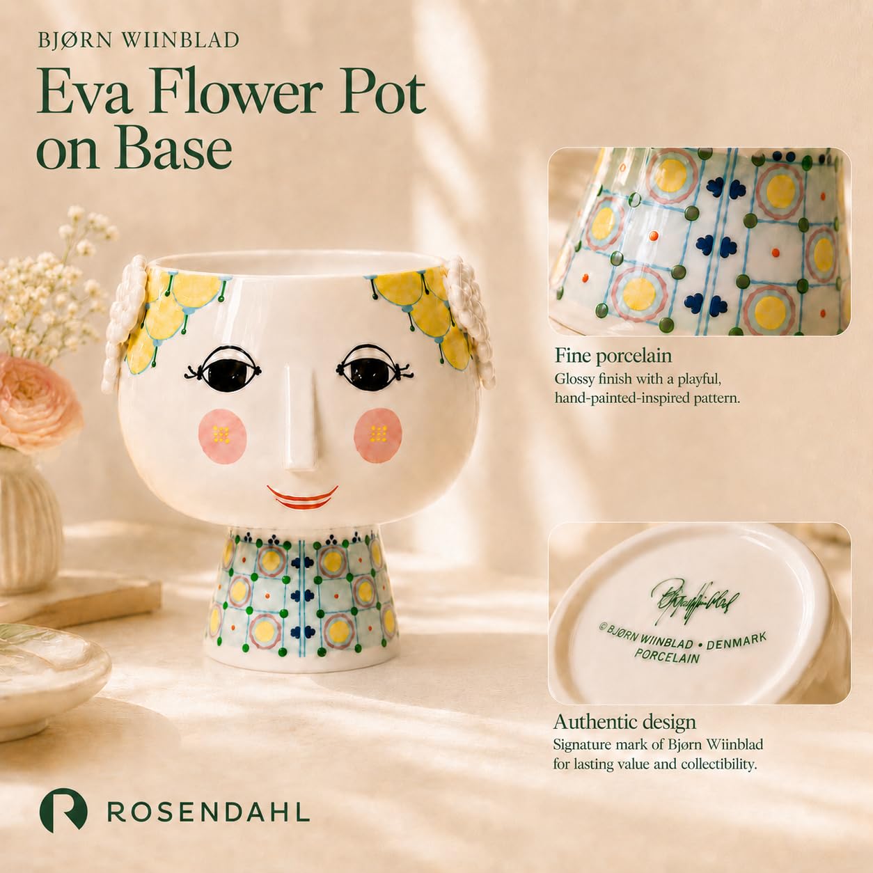 Bjørn Wiinblad Übertopf mit Fuß Ø15.5 cm Eva verspielte Details für Blumen, gelb