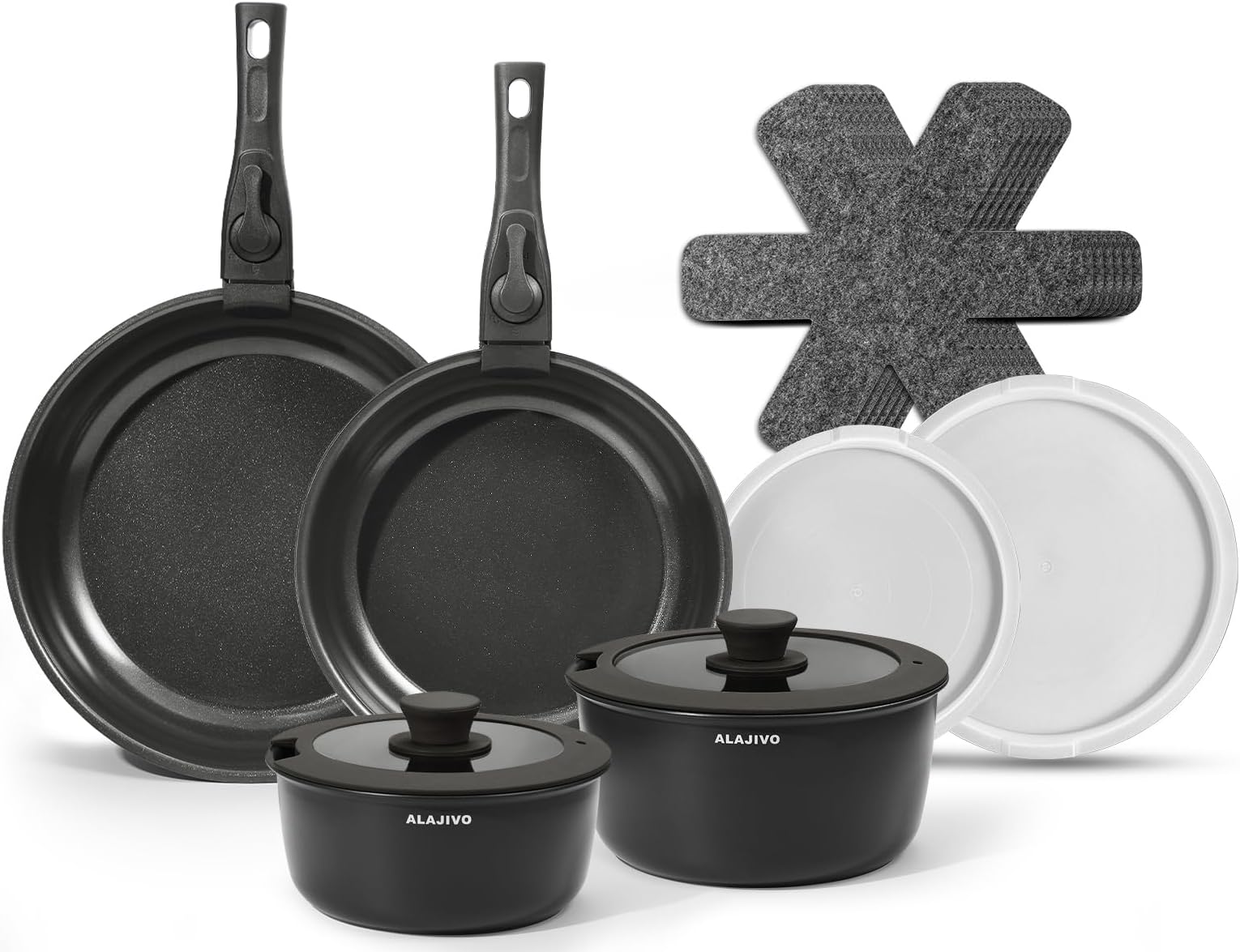 Ceramic Cookware Set with Removable Handle, 14-Piece Pan Set with Non Stick Coating, Induction Pots and Pans with Lids, 24/28cm Frying Pan, Suitable for All Hob Types, Oven-Safe