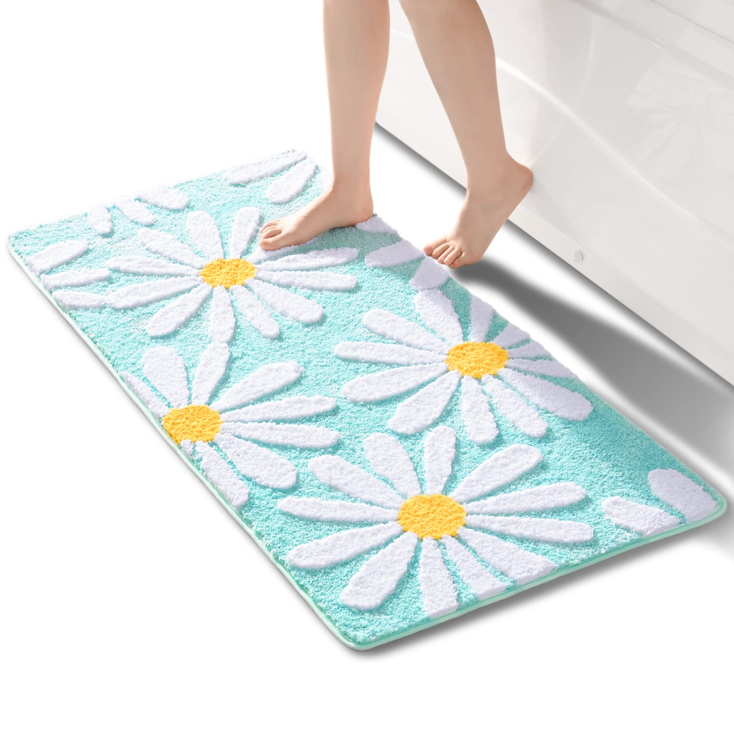 QJHOMO Green Bathroom Rug - Cute Daisy Non-Slip Washable Bath Mat - White and Yellow Flower - Soft Microfibre Shower Mat - Absorbent - 60 x 120 cm (DEJHCX-green-004)