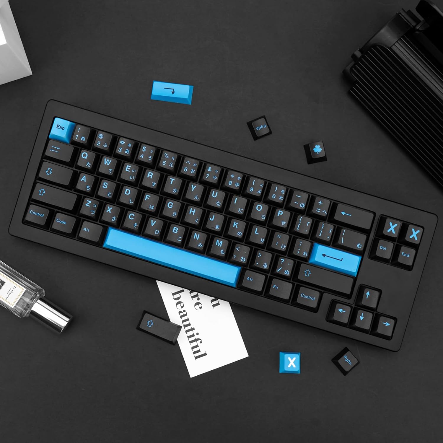 129 Keys Black and Blue Japanese Keycaps, Cyberpunk Theme PBT Keycaps, Comfortable Ergonomics Cherry Key Caps, Never Fade Dye Sub Custom Key Caps for Mechanical Keyboard