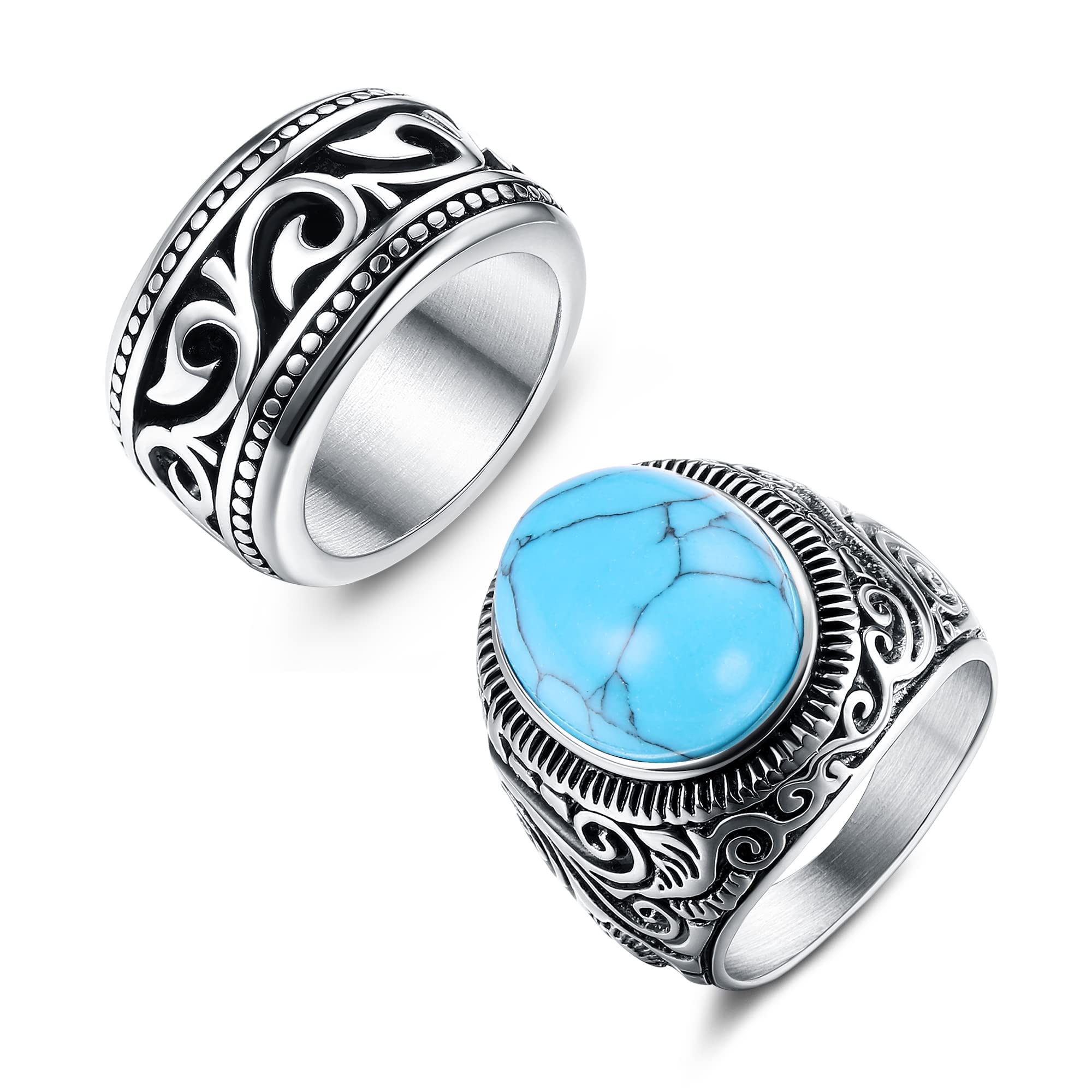 JeryWe 2 Piezas Acero Inoxidable Anillo de Sello Grande con Piedra Negra Turquesa para Hombres Vintage Biker Anillo Talla 14-27EstiloA17