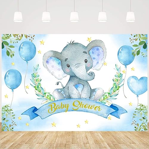 Telón de fondo de elefante de acuarela azul para baby shower, elefante, hojas verdes, globo de fotografía, elefante, baby shower, decoración de