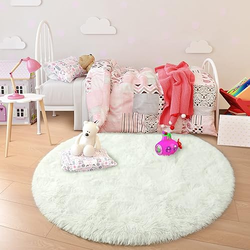 Miniatura 4 de junovo - Alfombra redonda y esponjosa para niños y niñas, de castillo de princesa, de felpa lanuda, para dormitorio, habitación de bebé, sala de