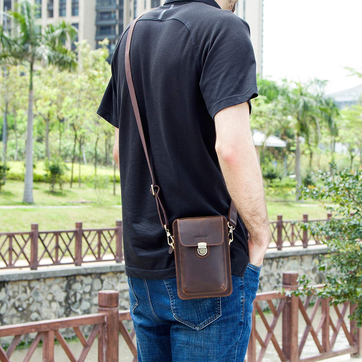 Contactos Riñonera de Cuero Genuino para Hombre Bolsa pequeña para teléfono móvil, Tarjeta, Moneda, Monedero
