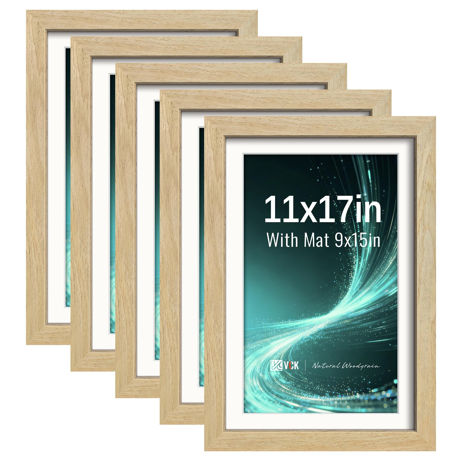 VCK 11x17 Picture Frame 5 Pack, Natural Exclusive Wood, HD Glass, for Print