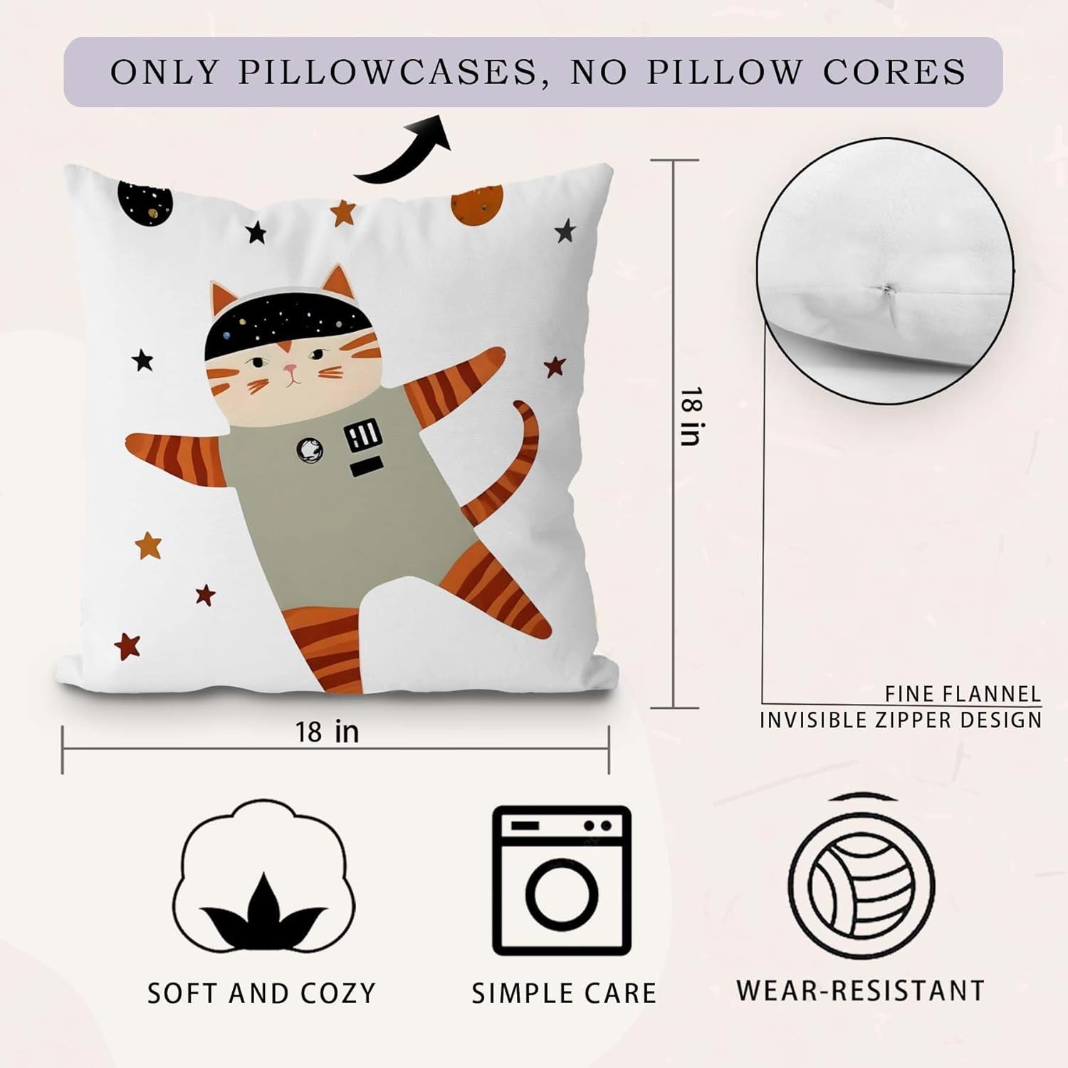 Likjad Space Cat Pillow Covers 18x18 Set of 2, Space Nursery Decor, Cosmic Planets Astronaut Cat Decorative Throw Pillow Covers for Kids Boys Room Playroom Nursery Decor