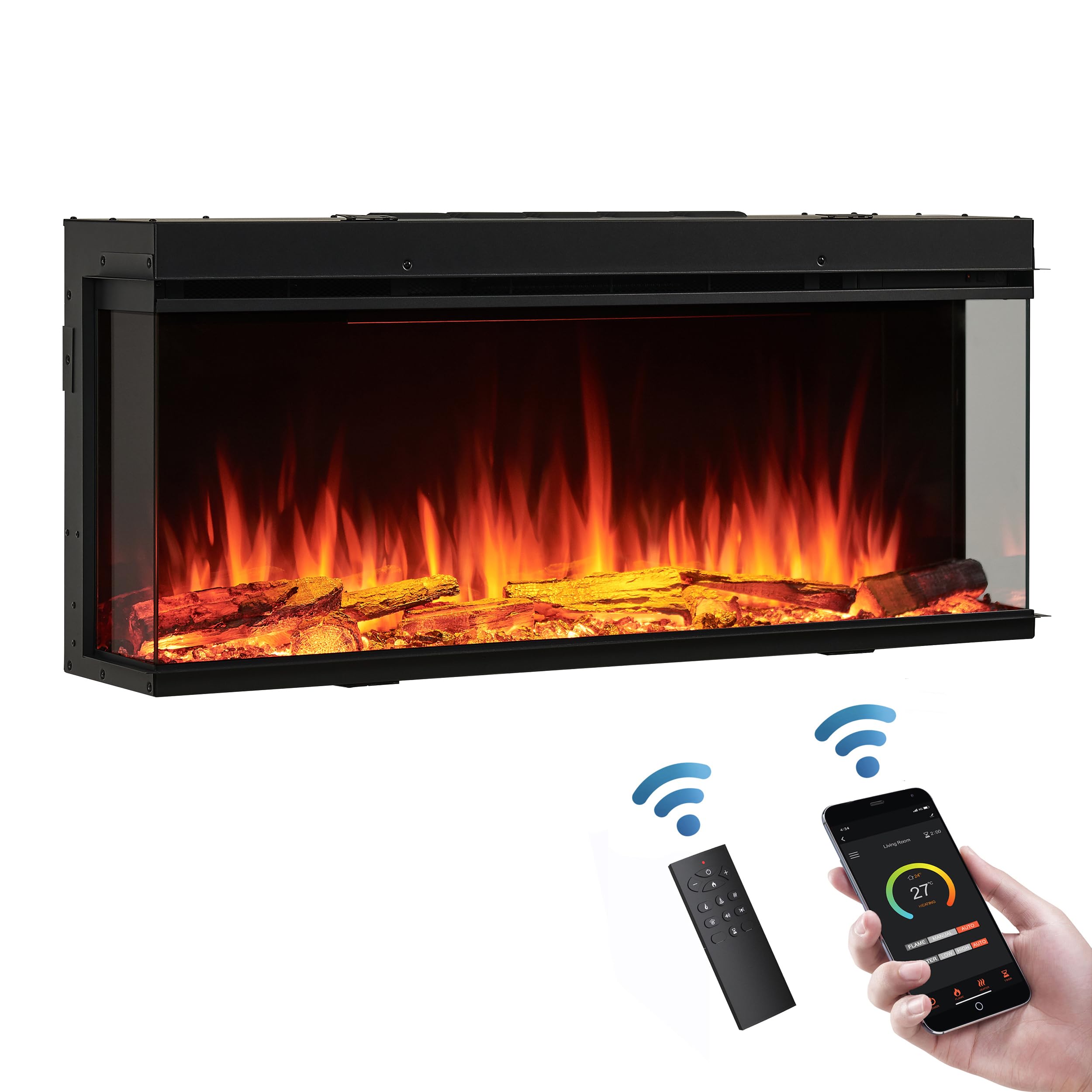Flamme Xdeep Standard Log 43”/110Cm Knighton Platinum Smart Inset Media Wall Electric Fireplace 1-2-3 Sided View Compatible With Alexa Deep Fuel Bed Perfect For Media Wall