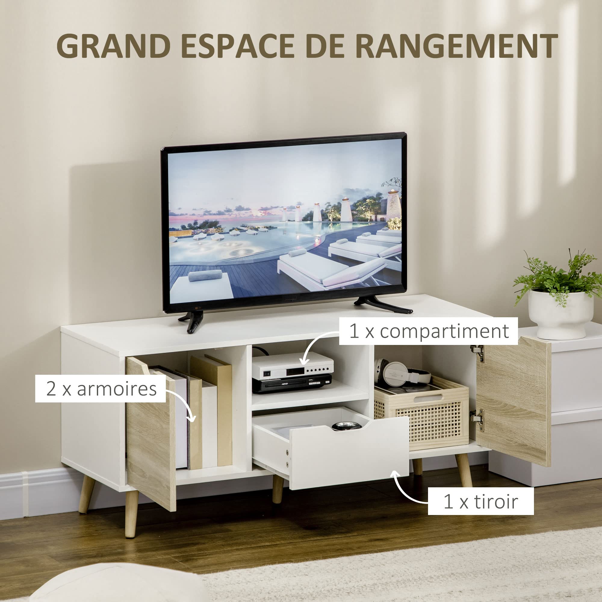 HOMCOM Meuble TV Banc TV sur Pied avec 2 Placards en Bois 110 x 40 x 50 cm