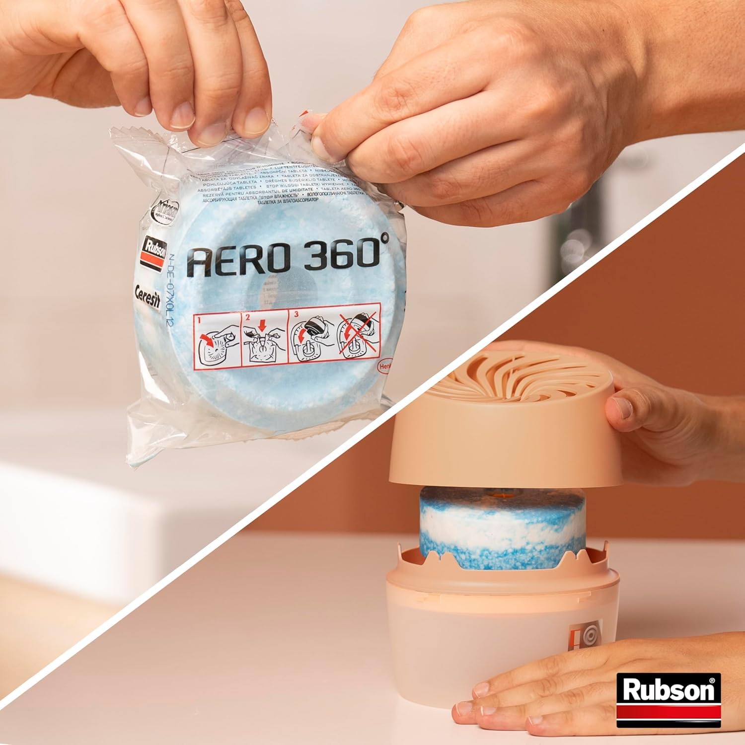 Rubson - Absorbeur d'Humidité Aero 360° Couleur Pêche (1 appareil + 1 recharge de 450 g) - Absorbeur anti-humidité pour pièce jusqu'à 20 m² - Déshumidificateur d'air anti-odeur et anti-moisissure