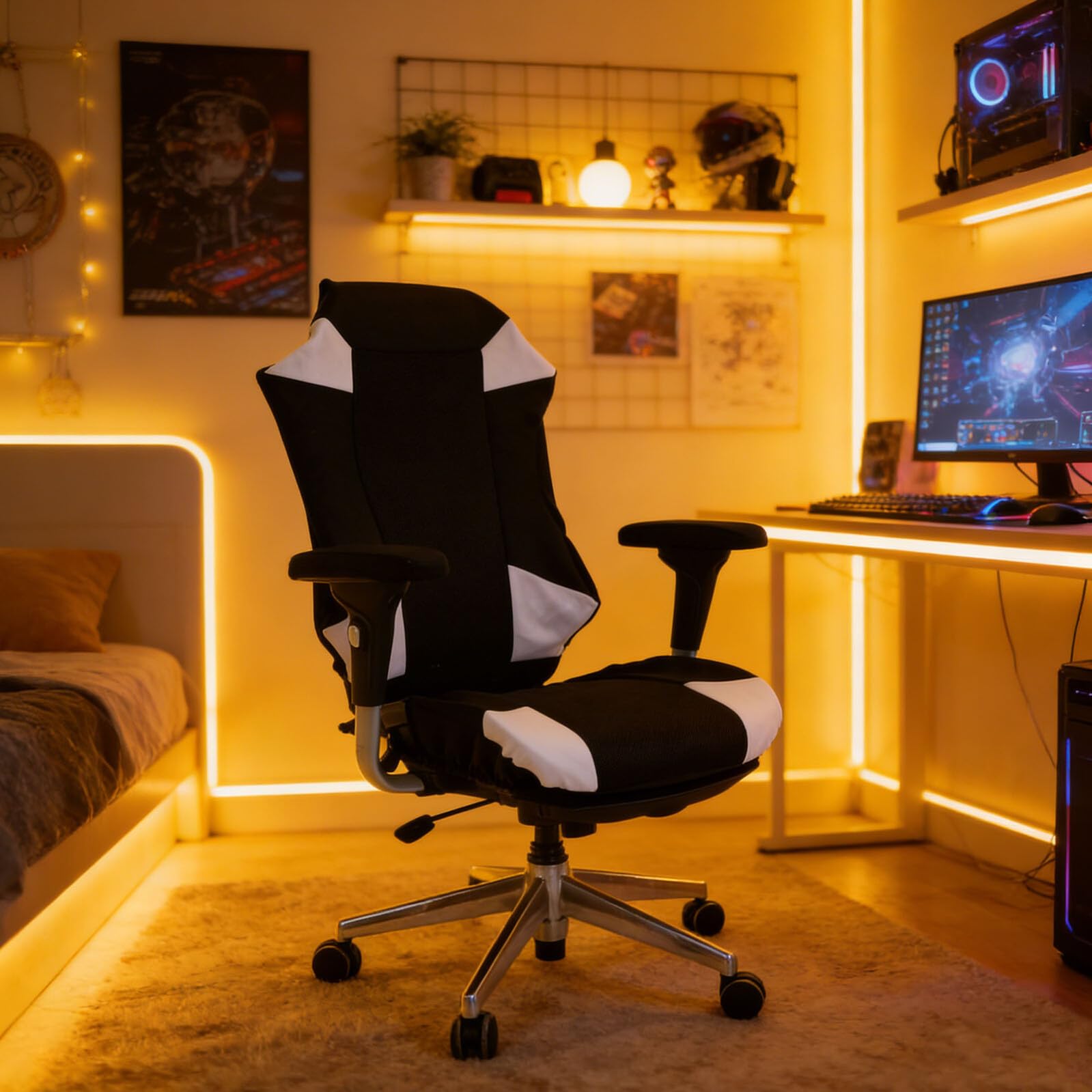 Gaming Stuhlbezug Satz Atmungsaktiver Elastischer Mesh Stoff mit Armlehnenbezug Kratzfester Sitzschutz für Computer und Gaming Stühle im Studentenwohnheim