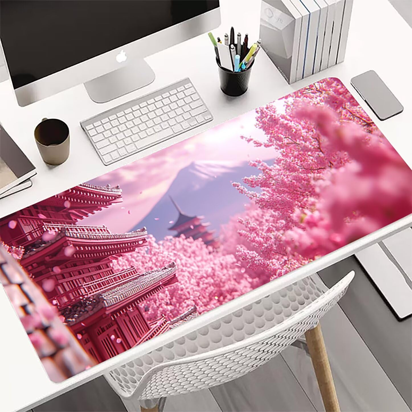 Lpfieonn Kirschblüten Großes Schreibtischunterlage, XXL Schreibtischunterlagen, Landschaft XXL Gaming Mousepad mit Vernähter Rand und Rutschfeste Gummibasis, für Hause/Büro 120x60cm PF-2759