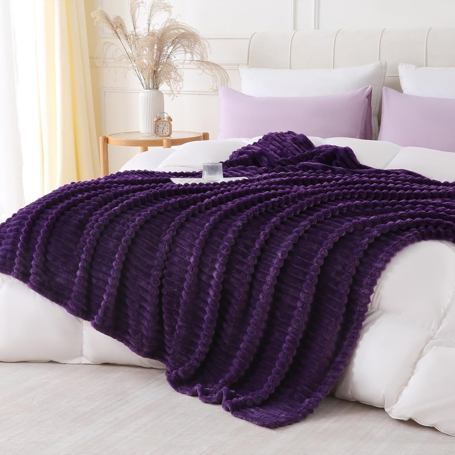 Deep Purple Throw Blanket for Couch Sofa 60x80 inches Striped Fleece Blankets Room Home Decor Lightweight Plush Soft Cozy Gifts for Women Mom Girls