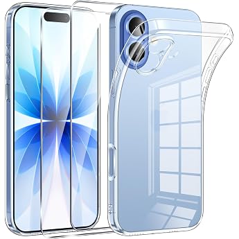 Phoona Mobile Phone Case for iPhone 17 Case with 2 Pieces Tempered Glass Film Thin Soft TPU Silicone Transparent Shockproof Protective Case for iPhone 17 Case Clear Scratch-Resistant