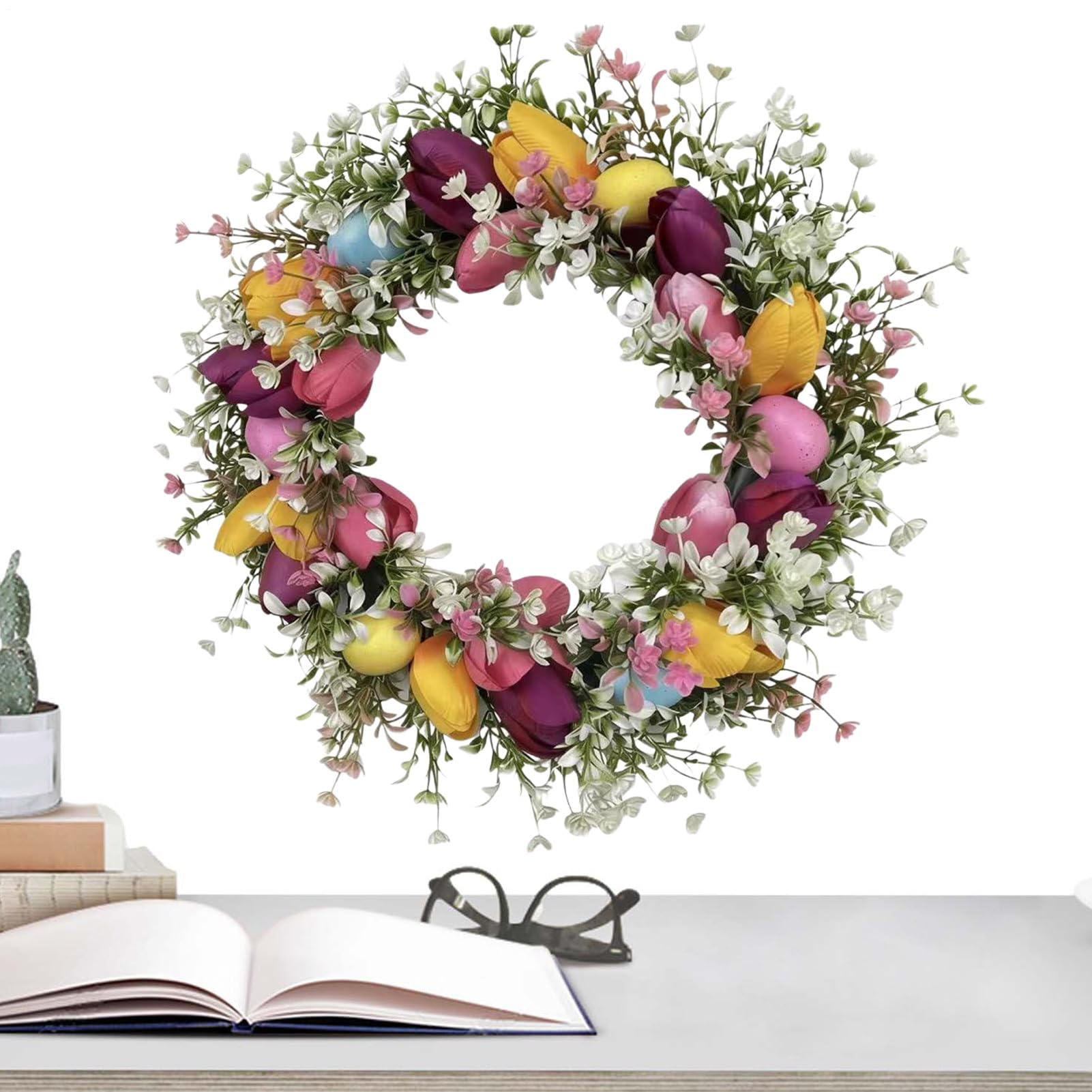 Couronne de porte de Pâques de 43 cm et décoration de printemps avec fleurs