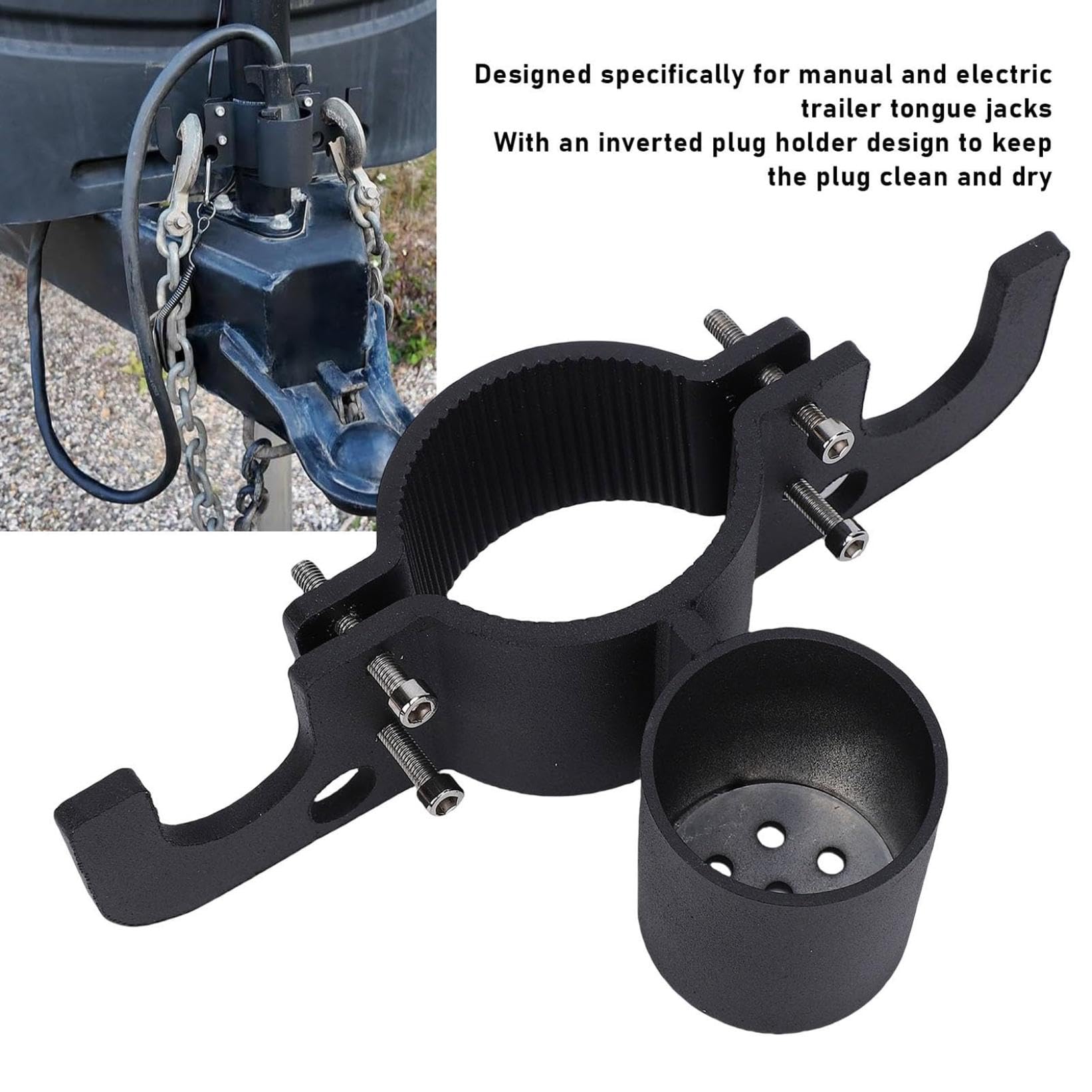 Trailer Chain Organizer Heavy Duty Aluminum Alloy 7 Way Plug Holder for RV Trailer Towing Accessory Secure Chain Management Heavy Duty Hitch Chains Holder with Inverted Plug Holder (Black) - 5