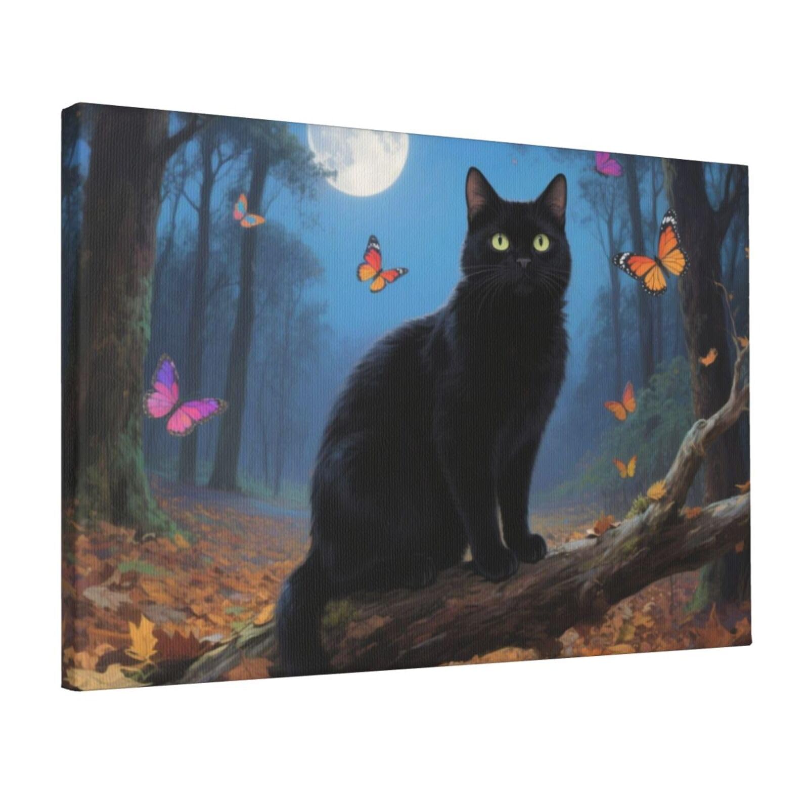 Fodpand Cat And Moon Butterfly Unframed Canvas Wall Art,Modern Posters Print Wall Decor Canvas Oil Painting For Bedroom Living Room Bathroom Wall Hanging Artwork Ready To Hang 12"X18"