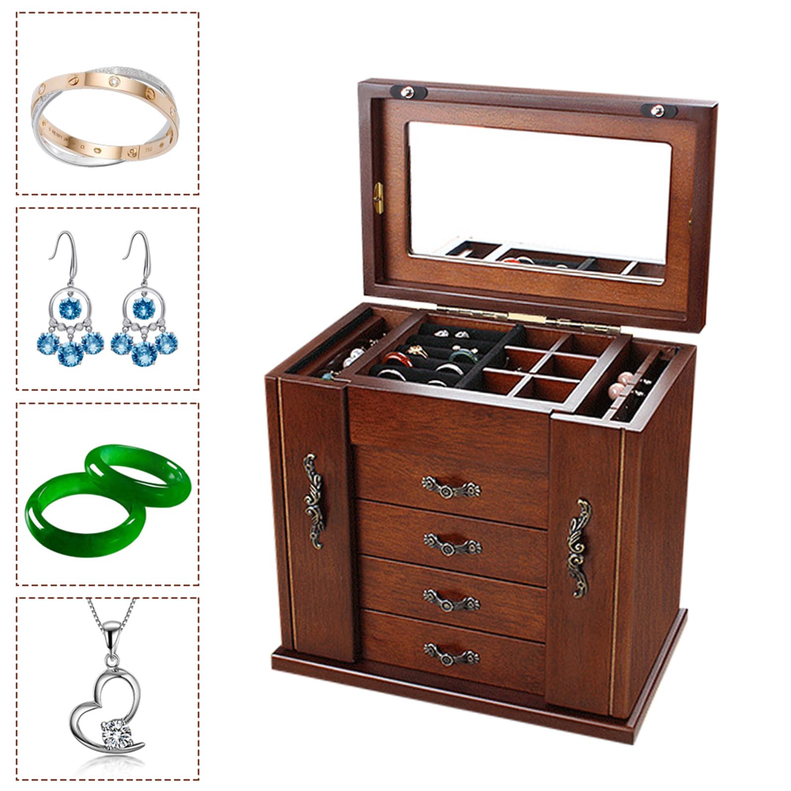 Joyero de madera, 5 niveles, grande, vintage, joyero de madera, gran capacidad, organizador para pendientes, cadenas, almacenamiento de joyas