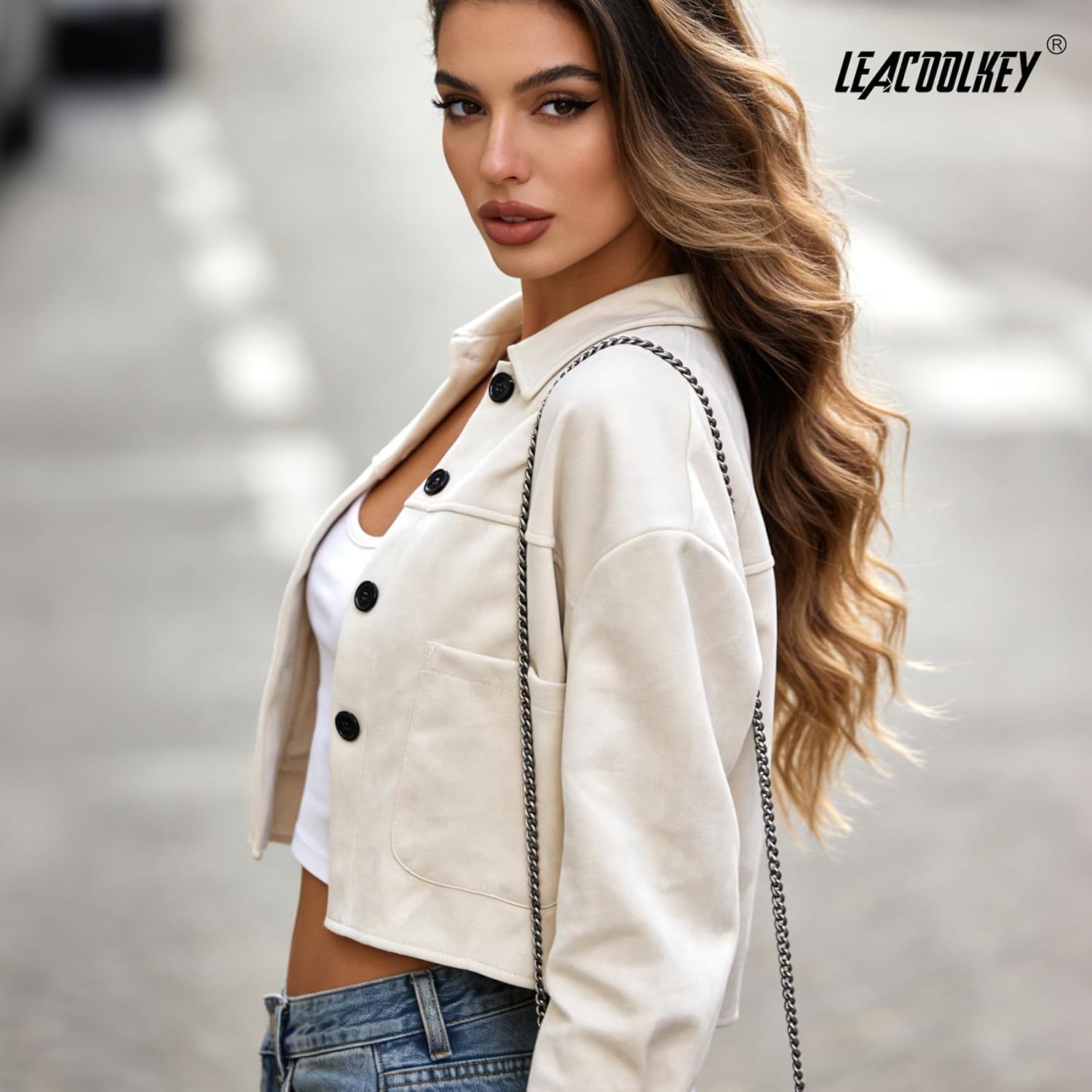 LEACOOLKEY Women's Faux Suede Cropped Jacket Casual Lightweight Coat Fall Winter Fashion Outerwear