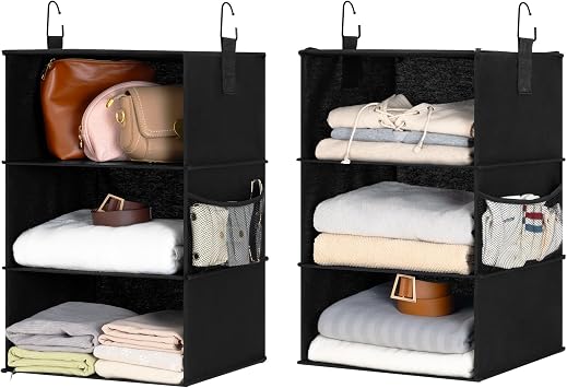 StorageWorks Hanging Closet Organizer 6-Shelf, Jumbo Separable Two 3 Shelf Closet Storage Organizer with Side Pockets, Portable Hanging Shelves for Wardrobe, RVs, 13" D x 15" W x 48 14"H, Black