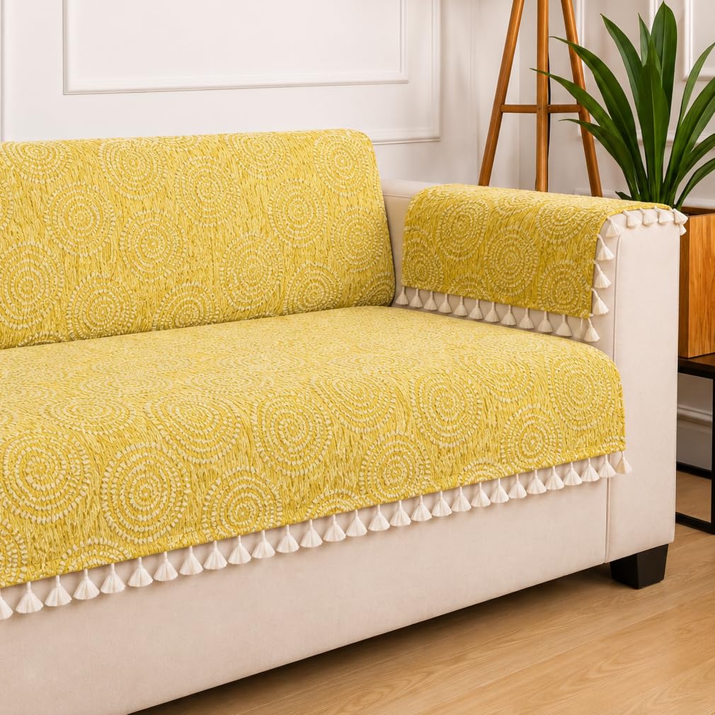 STITCHNEST Woven Fabric Sofa Cover 1 Seater with 2 Hand Rest Covers – Washable Green Sofa Cover with Tassels – Durable Premium Fabric – Stylish Sofa Protector for Living Room & Furniture Decor