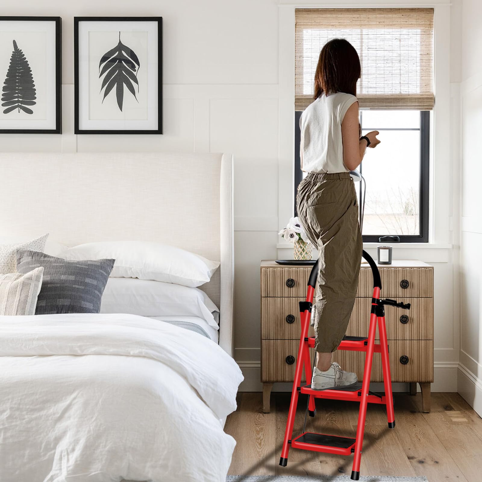 OHMG Scaletta a 3 gradini con piattaforma di lavoro, carico 150 kg, scaletta pieghevole, ampia pedana pieghevole, antiscivolo, sgabello in acciaio a piedi per adulti, carico 180 kg