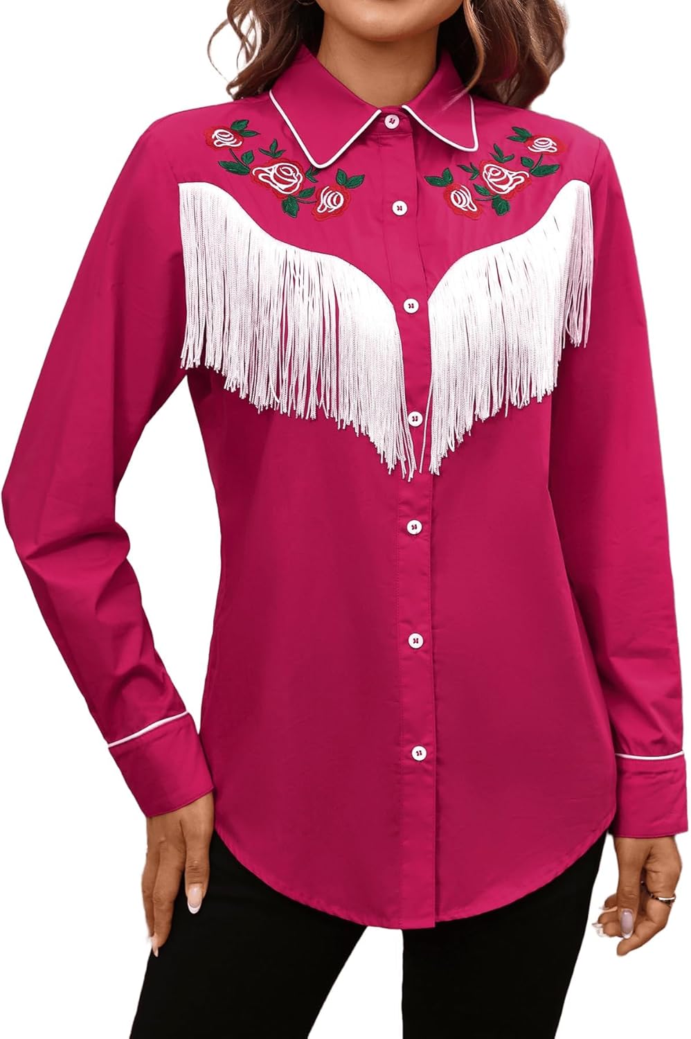 CORSKI Women's Western Cowgirl Fringe Shirt Long Sleeve Floral Embroidered Snap Collared Boho Rodeo Casual Blouses Shirts - Image 2