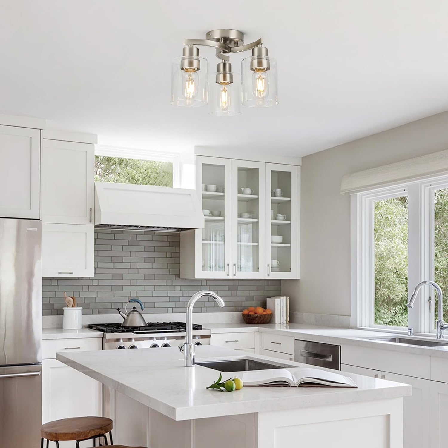 WILON Semi Flush Mount Ceiling Light Fixture, 3-Light Brushed Nickel Light Fixture with Clear Glass Shade, Modern Chandelier Small Ceiling Lamp for Kitchen Hallway Entry Way Bedroom Foyer Dining Room