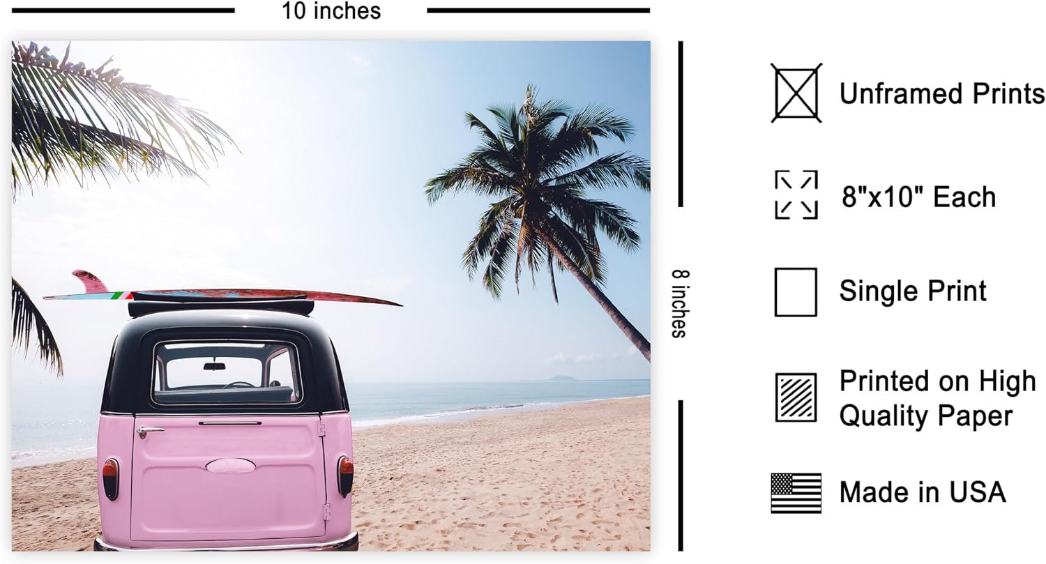 Poster Master Car and Surfboard Poster - Tropical Beach Print - Photography Art - Palm Tree Illustration - Travel Artwork - Vacation Painting - Ocean or Beach House Coastal Decor - 8x10 UNFRAMED