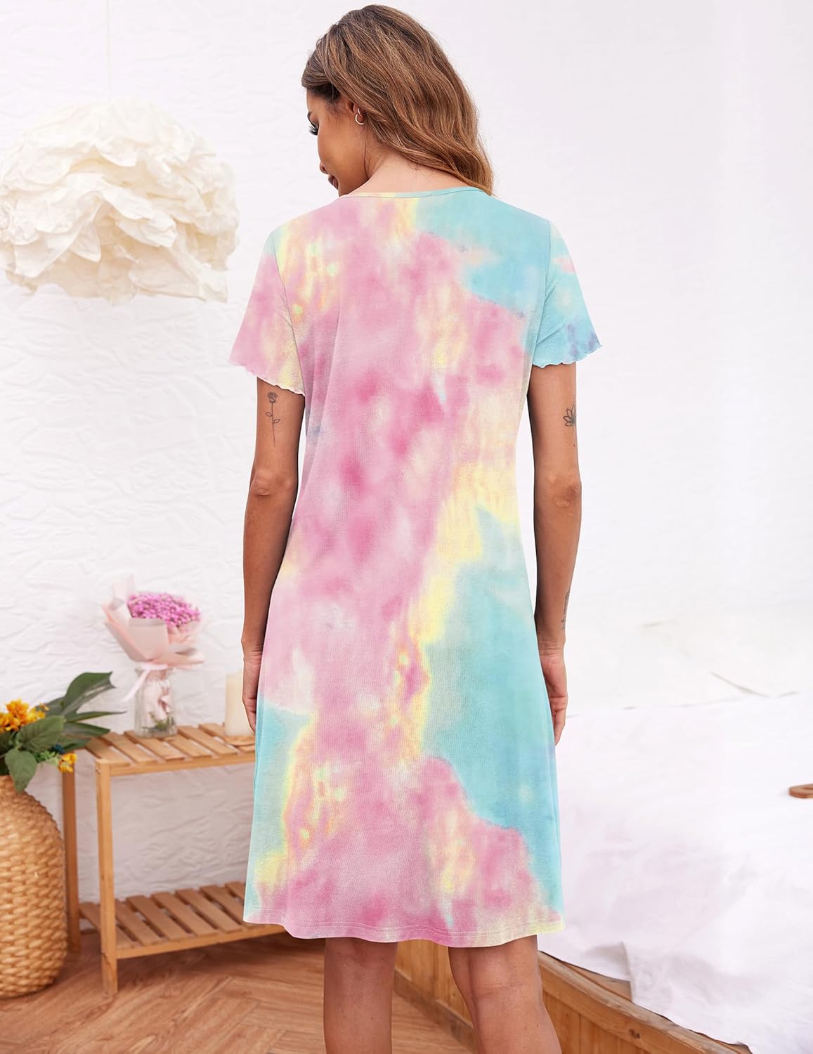 Ekouaer Womens Nightshirt Button Down Sleep Shirts Short Sleeve Nightgown V-Neck Sleepdress Soft Sleepwear - Image 5