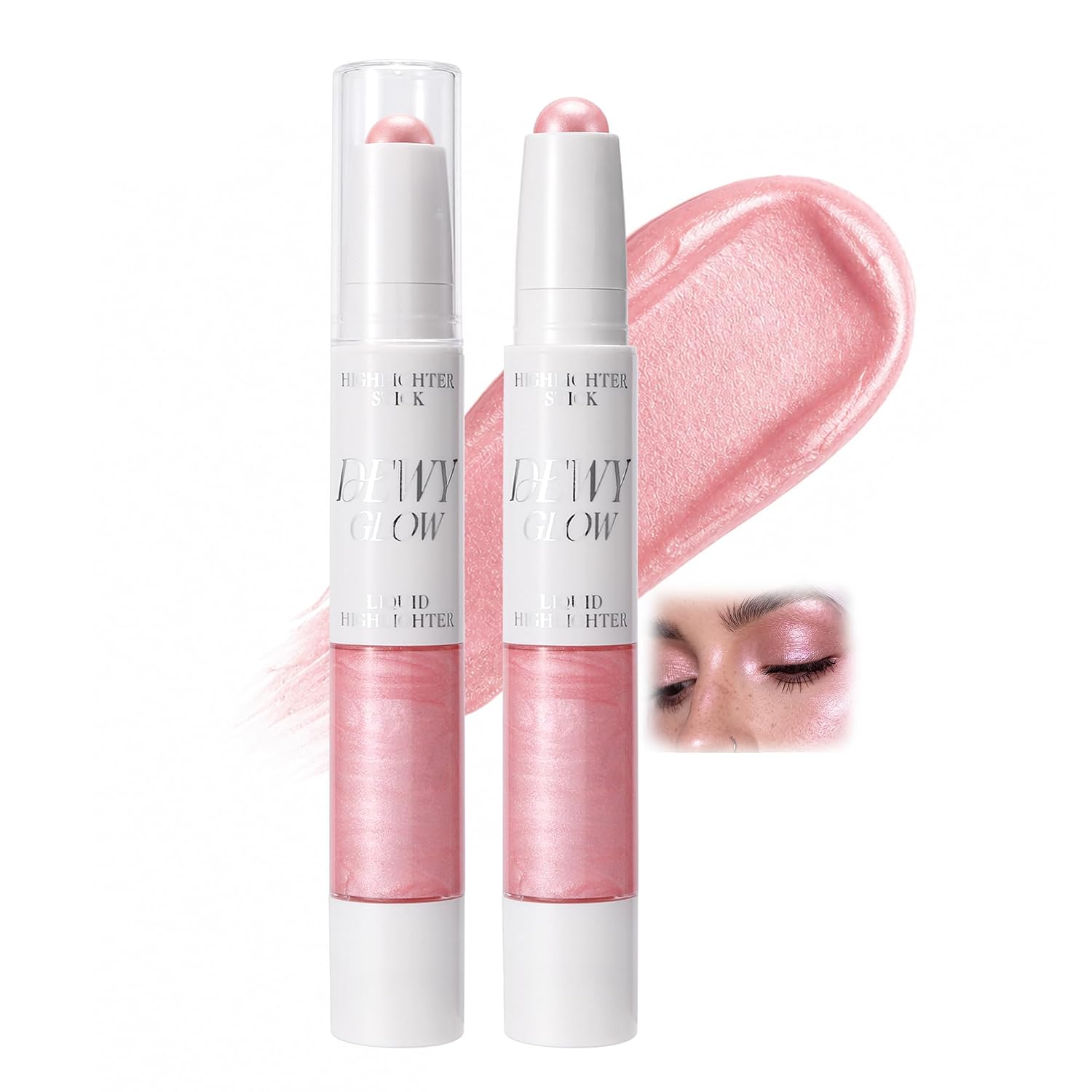 Dual-Ended 2-in-1 Cream Contour & Highlighter Shimmer Stick Makeup For Face & Body, Highlighter Stick + Liquid Highlighter, Waterproof, Long-Lasting, for All Skin Tones (02 Sakura Dew Pink)