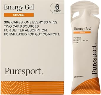 Puresport Fast-Release DualCarb Energy Gels, Orange, 6 Pack | 30g 21 glucose-fructose carbs for marathon, cycling & triathlon, gentle on stomach, informed sport tested