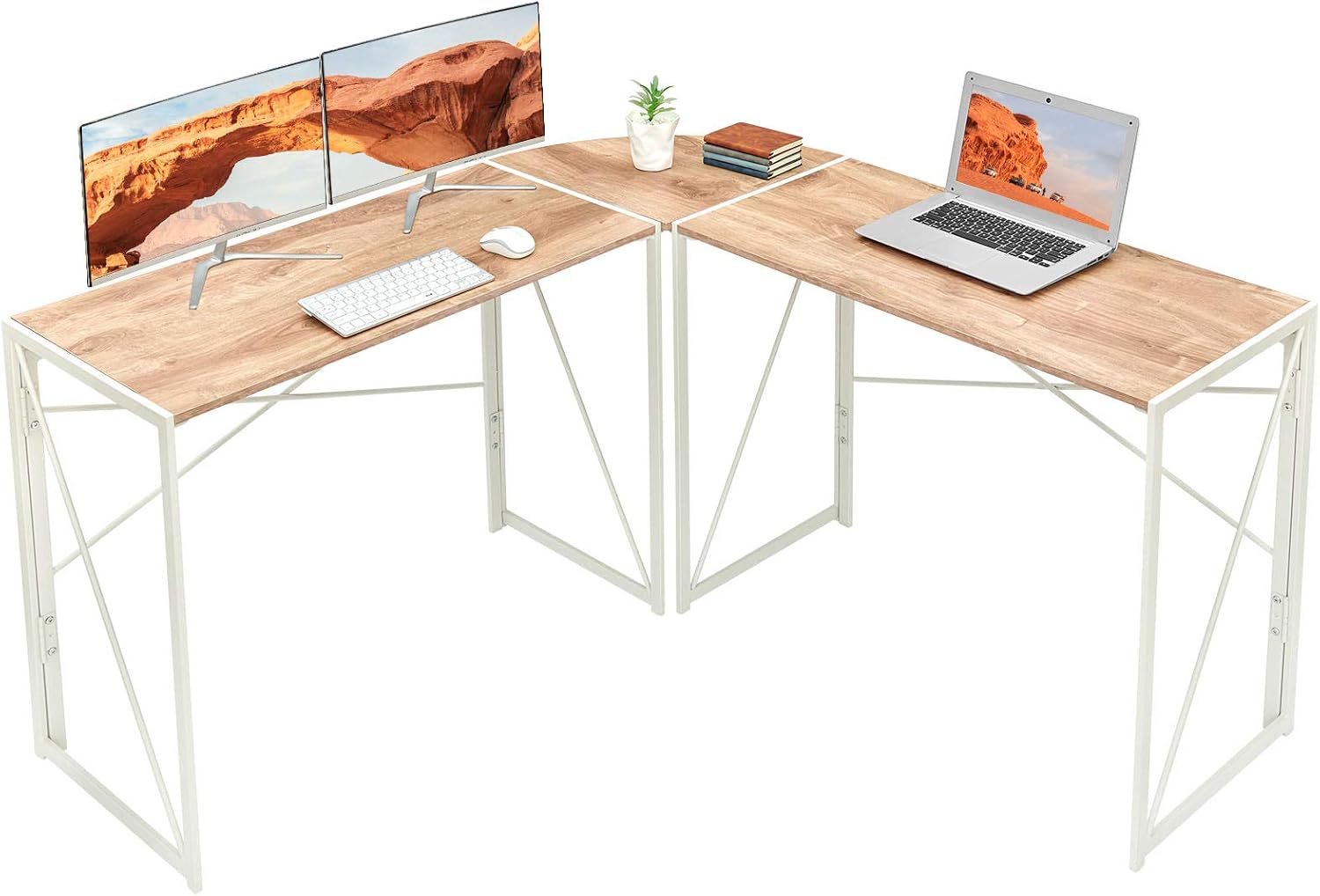 Corner Desk Folding Table Writing Computer Desk L-Shaped Home Office Desk Industrial Study Table, Oak White