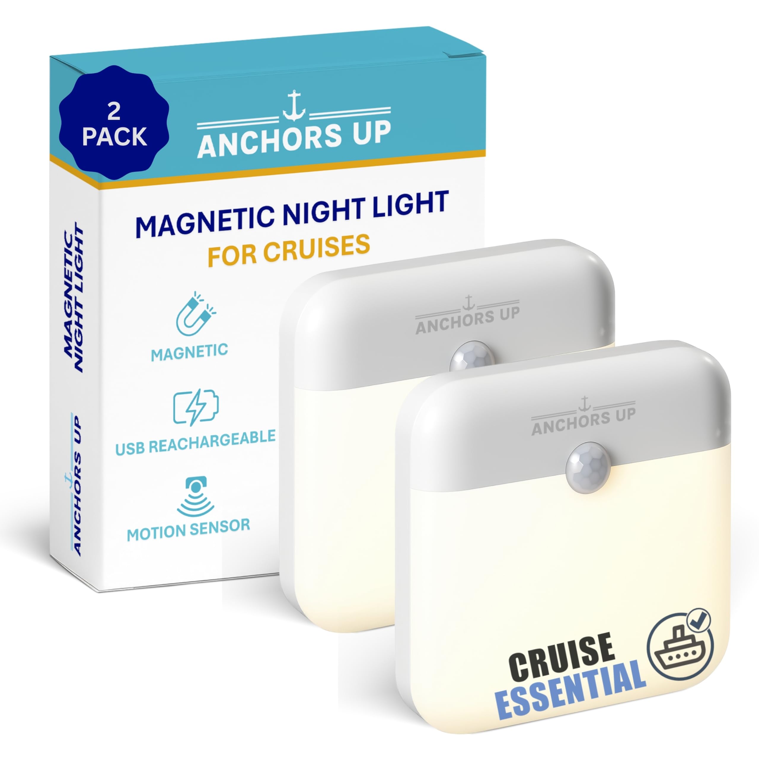 Anchors Up White [2 Pack] Cruise Cabin Night Light With Motion Sensor – Usb Rechargeable – Led Motion Sensor Light – Magnetic – Warm – Tested On P&O, Marella, Msc And More – Cruise Essentials By Anchorsup