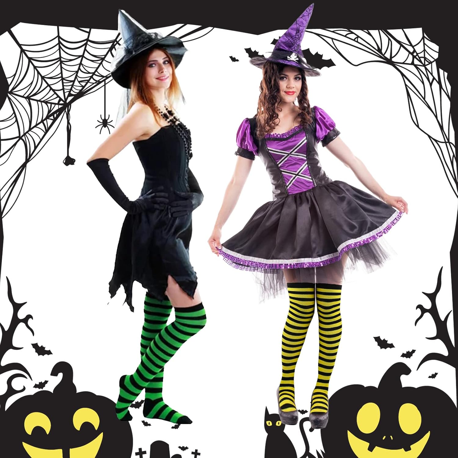 2/4 Sets Womens Striped Knee High Socks Long Knitted Arm Warmers Fingerless Gloves for Halloween Costume - Image 6